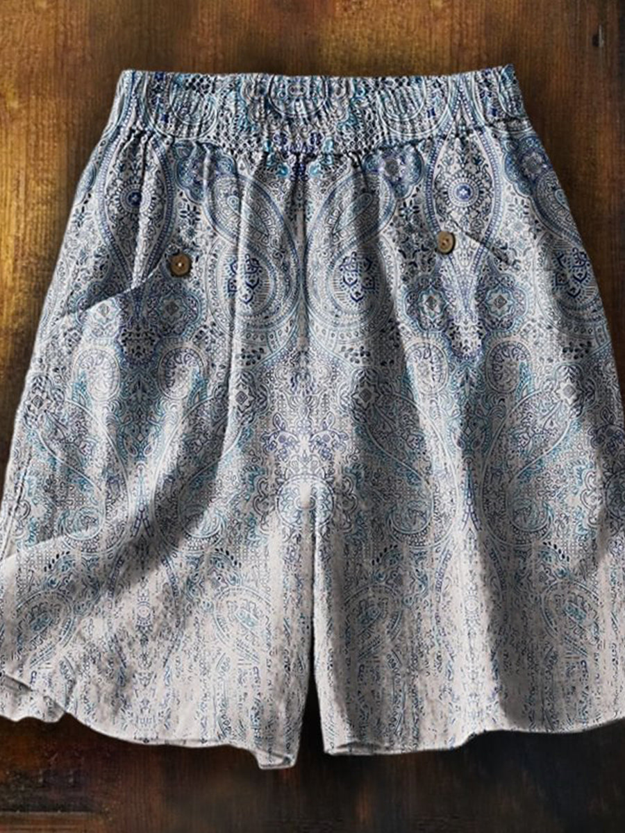 Short décontracté à poches pour femme, imprimé cachemire dégradé ethnique