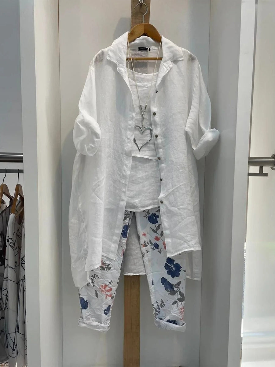 Ensemble trois pièces grande taille : débardeur blanc, pantalon et cardigan