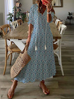 Geometric Half Sleeve V Neck Tassel Casual Maxi Dress