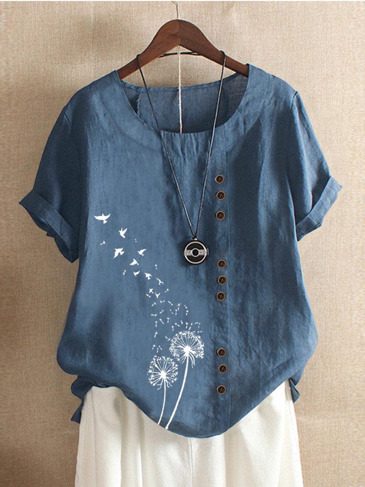Dandelion Print Short Sleeve Button Blouse