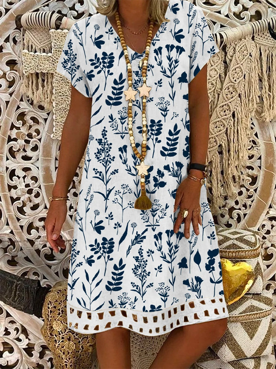 Floral V Neck Style Loose Mini Dress