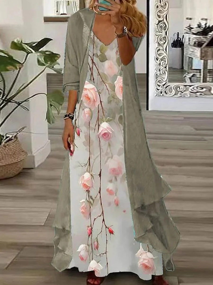 Green V-neck Floral Print Maxi Dress With Outerwear