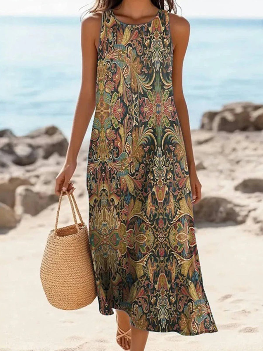 Vintage Ethnic Print Round Neck Sleeveless Dress