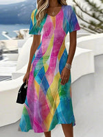 Special V-Neck Color Block Print Short Sleeve Midi Dress