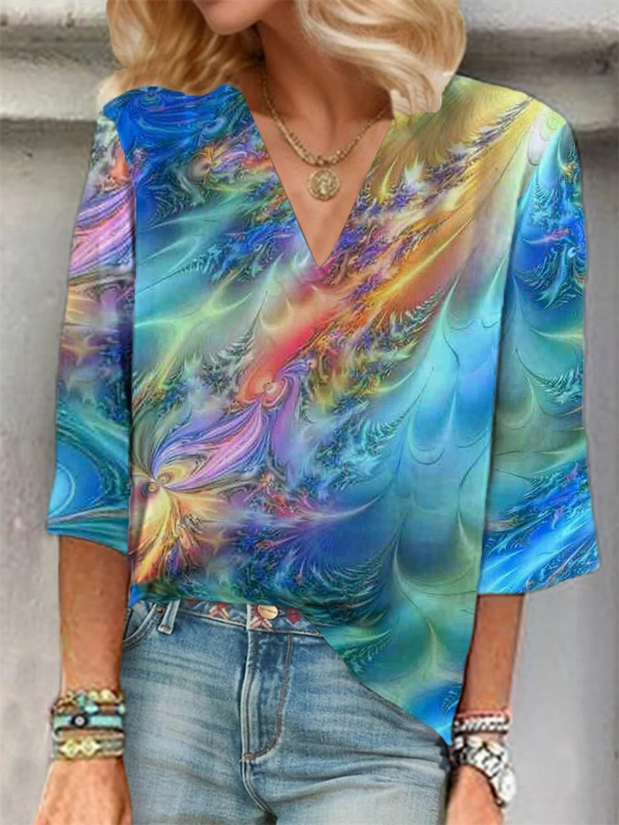 Abstrakte, farbverlaufende Bluse mit V-Ausschnitt, 3/4-Ärmeln und lockerem Schnitt
