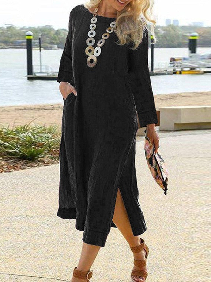 Solid Vintage Round Neck Long Sleeve Maxi Dress