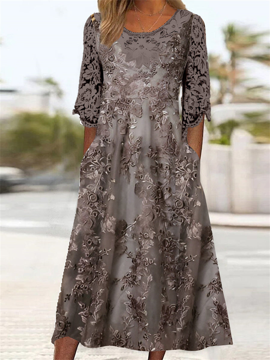 Robe midi à manches 3/4 et col rond pour femme, ornée d'un imprimé graphique et de surpiqûres en dentelle.