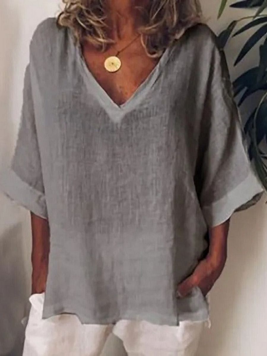 Grey Casual V Neck Solid Half Sleeve Blouse