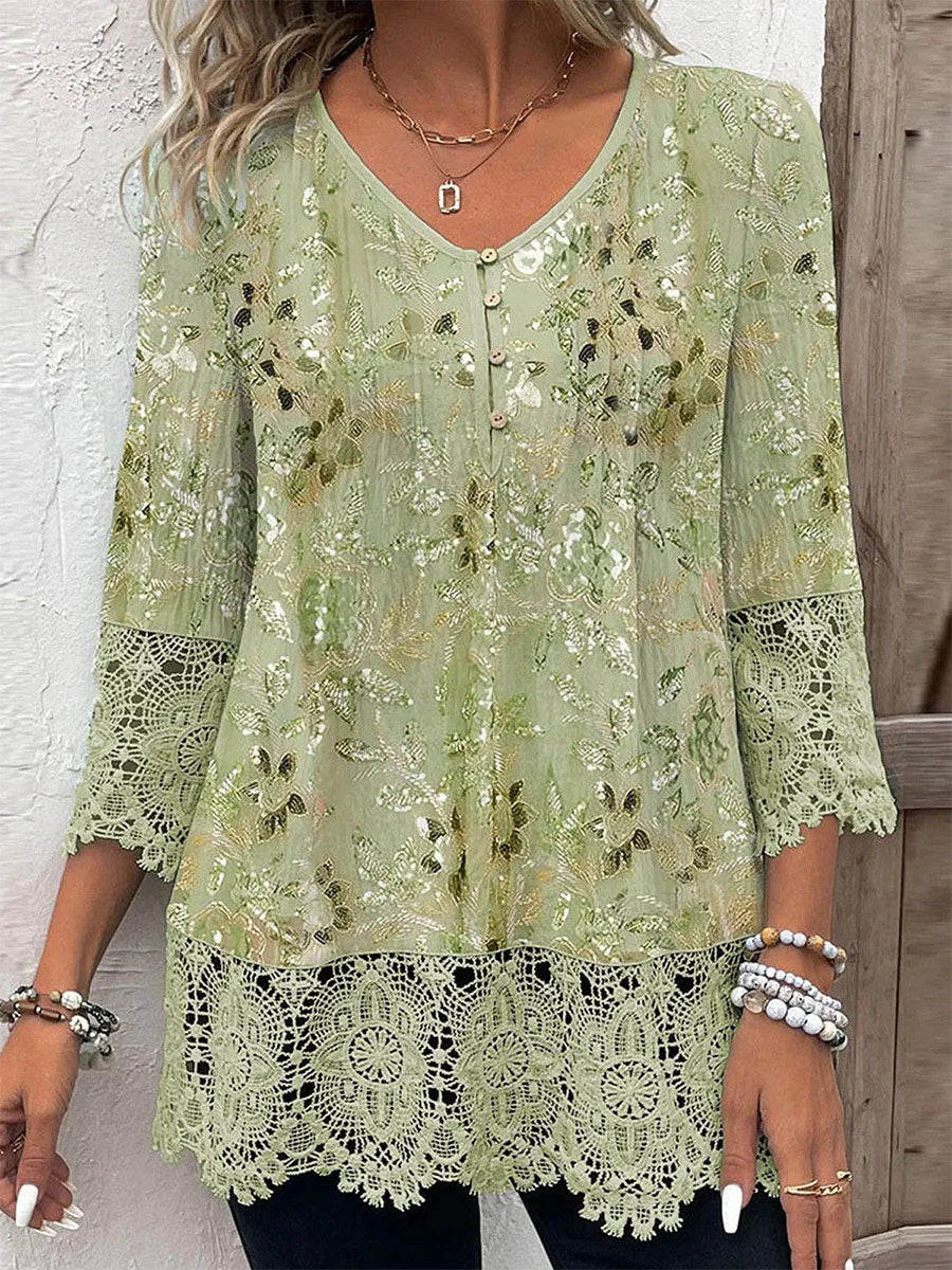Green Chic 3/4 Sleeve Floral Lace V Neck Blouse