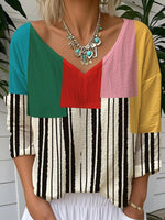 V-Neck Color Block Print Long Sleeve Top