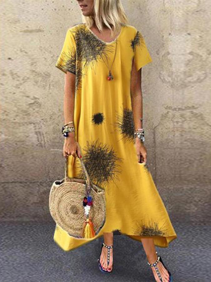 Robe midi décontractée à manches courtes, col rond et imprimé abstrait