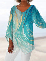 Women’s Turquoise Print Long Sleeve V-Neck Asymmetrical Hem Blouse