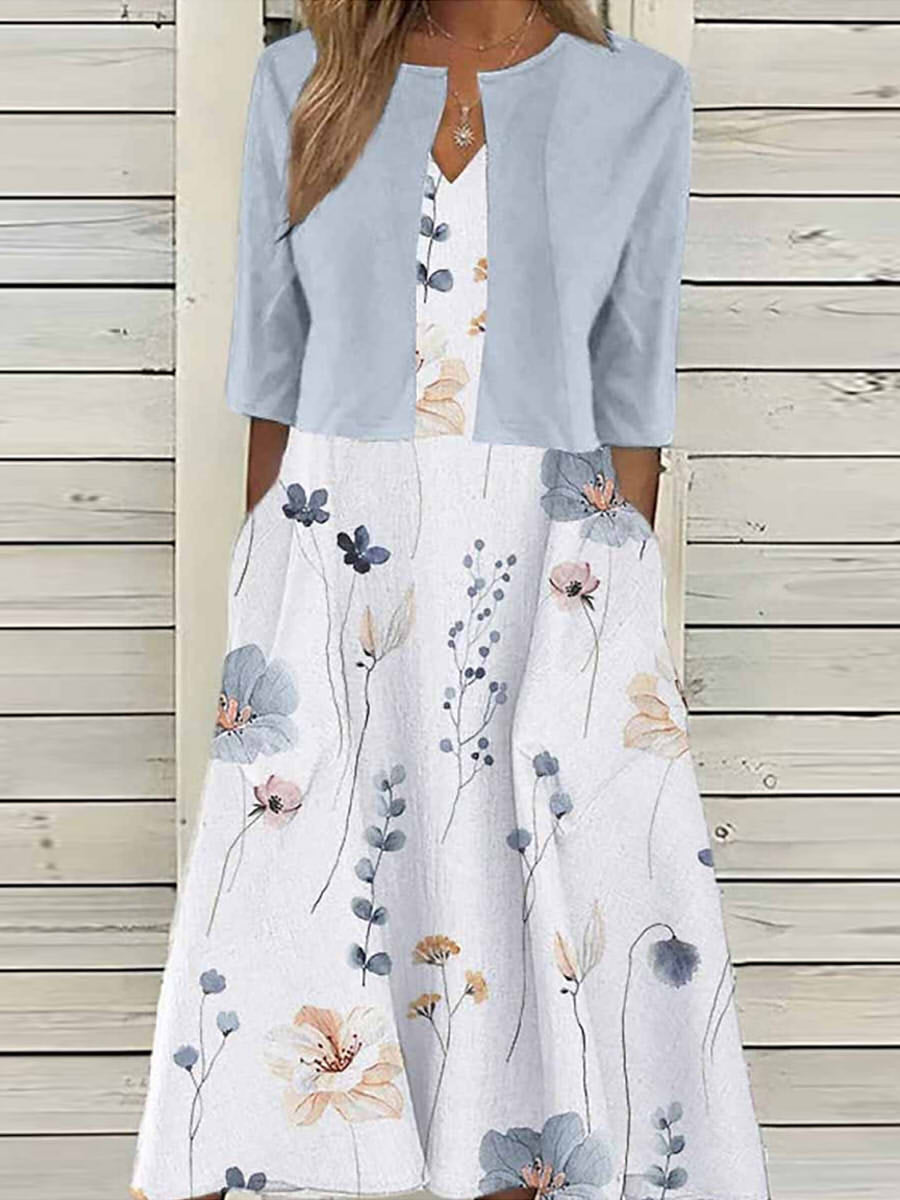 Robe midi deux pièces à col en V et manches courtes à imprimé floral