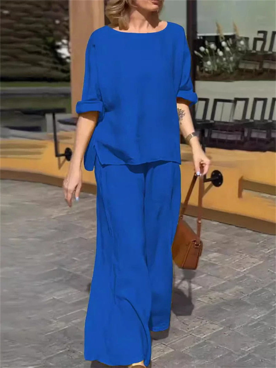 Ensemble deux pièces uni à col rond et manches courtes