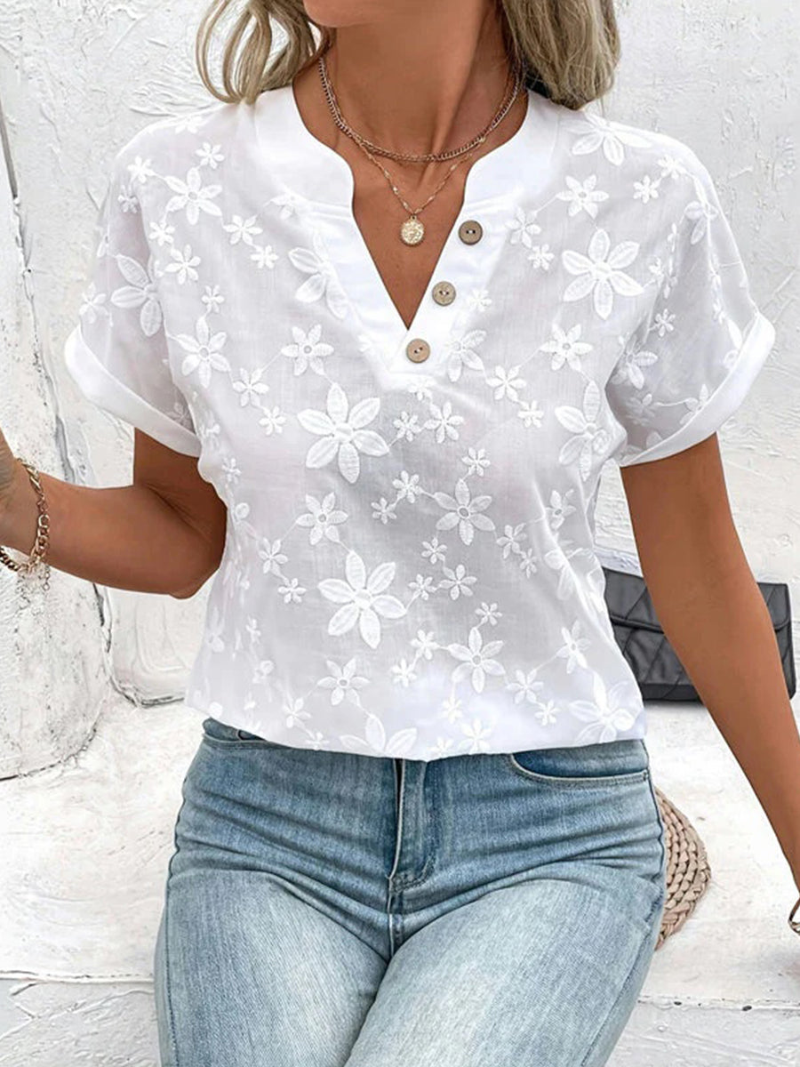 Elegant Floral Embroidered V-neck Short Sleeve Blouse