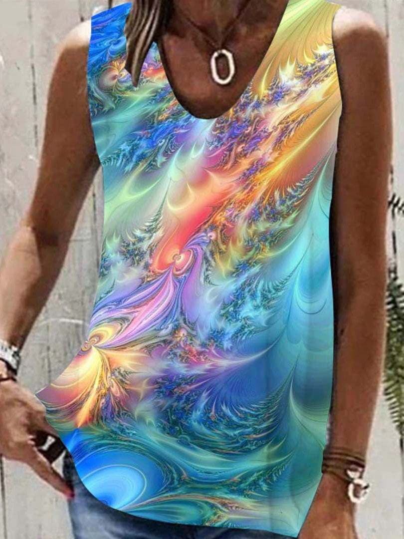 Blaues, lässiges, ärmelloses Tanktop mit V-Ausschnitt und Print, bedruckt, blau.