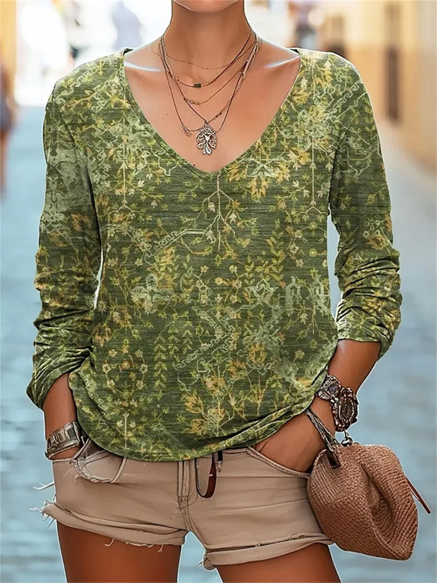 Floral Print V Neck Long Sleeve T-shirt