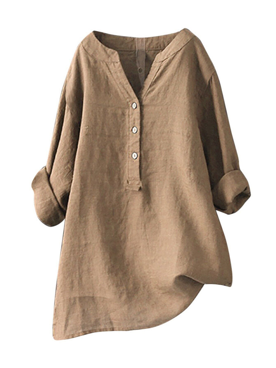 Haut à col montant, couleur unie, boutonné, manches longues