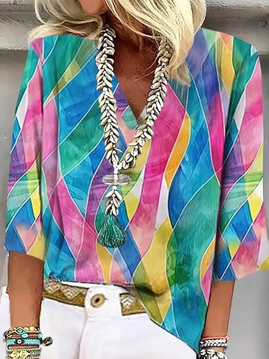 Lässiges Top mit V-Ausschnitt und 3/4-Ärmeln