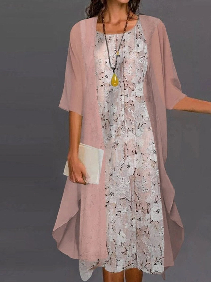 Lässiges zweiteiliges Kleid mit Blumenmuster, Rundhalsausschnitt und halben Ärmeln