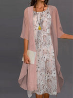 Lässiges zweiteiliges Kleid mit Blumenmuster, Rundhalsausschnitt und halben Ärmeln