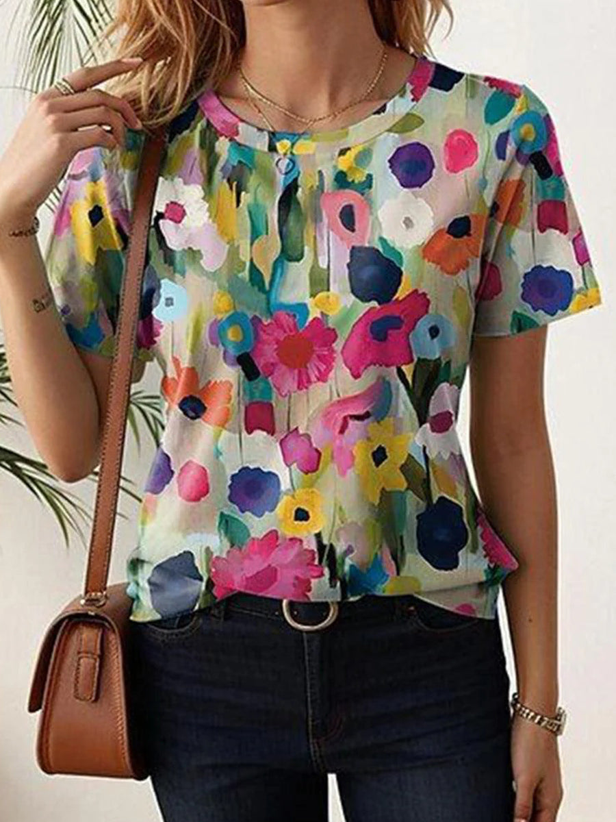 Elegant Floral Print Round Neck Short Sleeve Top