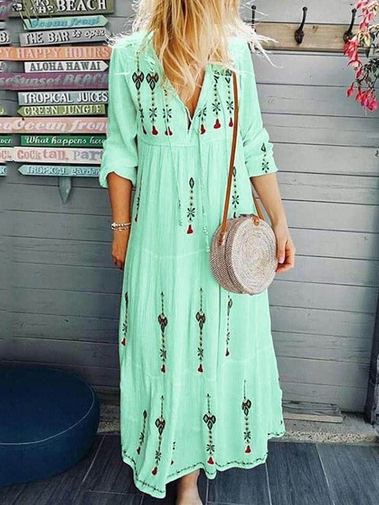 Robe maxi imprimée à manches trois-quarts, longueur cheville, taille haute, pull