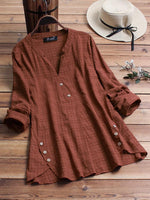 Vintage Plaid Side Button V-neck Long Sleeve Blouse