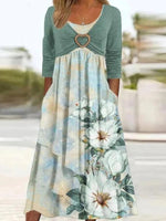 Green Casual Round Neck Floral Printed Long Sleeve Dresses