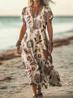 Robe à manches courtes et col en V à imprimé floral folk pour femme