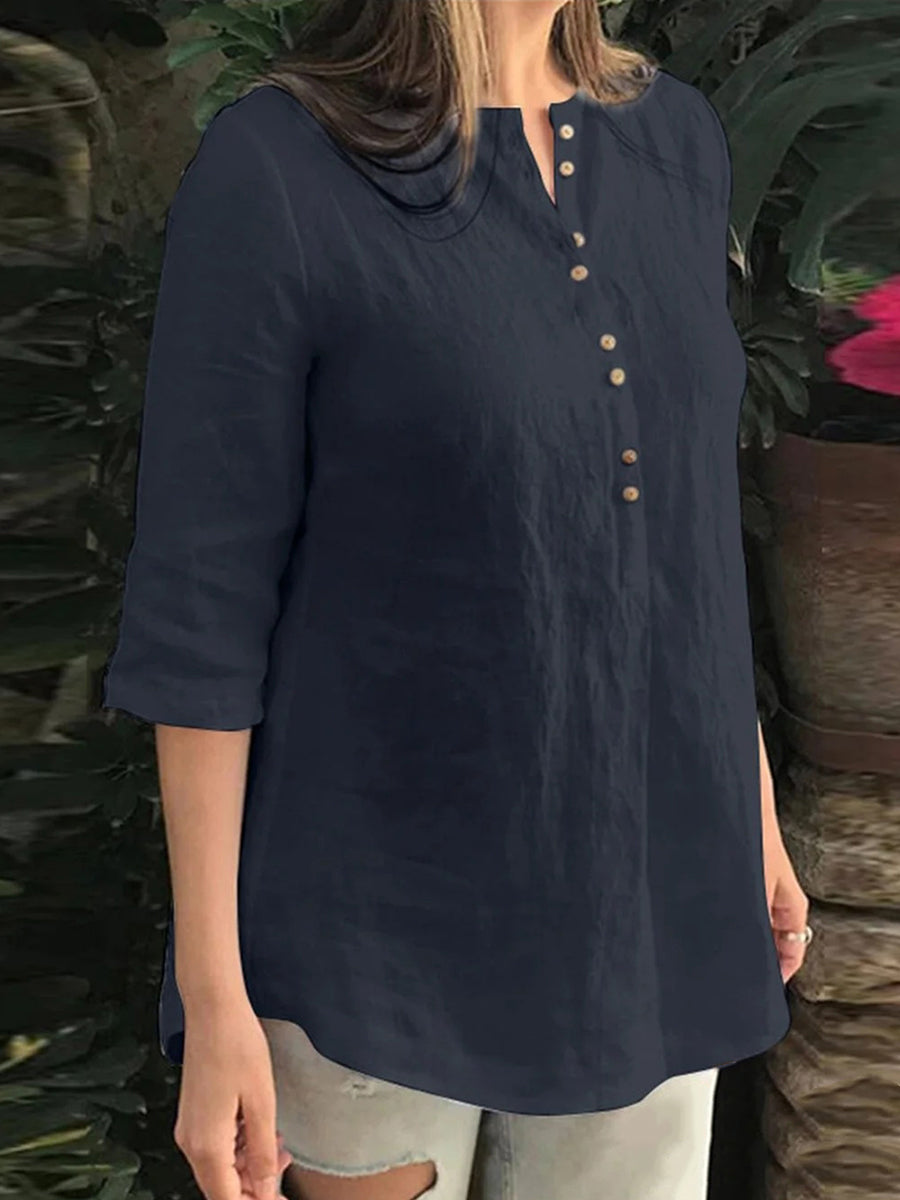 Cotton Solid Button Ruched High-Low Hem Casual Blouse