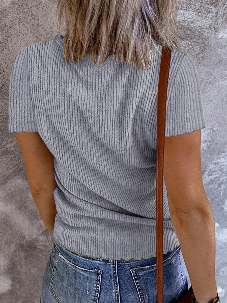 Solid Color V-neck Knitted Short Sleeve T-shirt