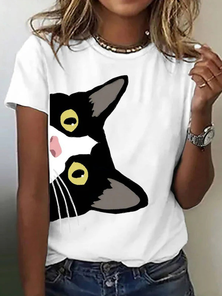 Lässiges Kurzarm-T-Shirt mit Katzenprint und Rundhalsausschnitt