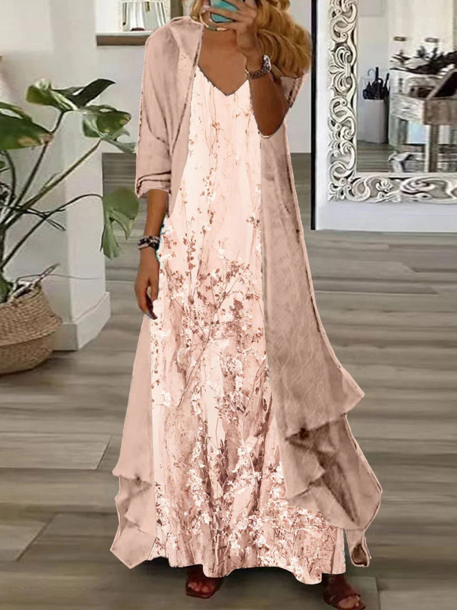 Robe longue deux pièces à manches longues et col en V pour femme, imprimée de fleurs