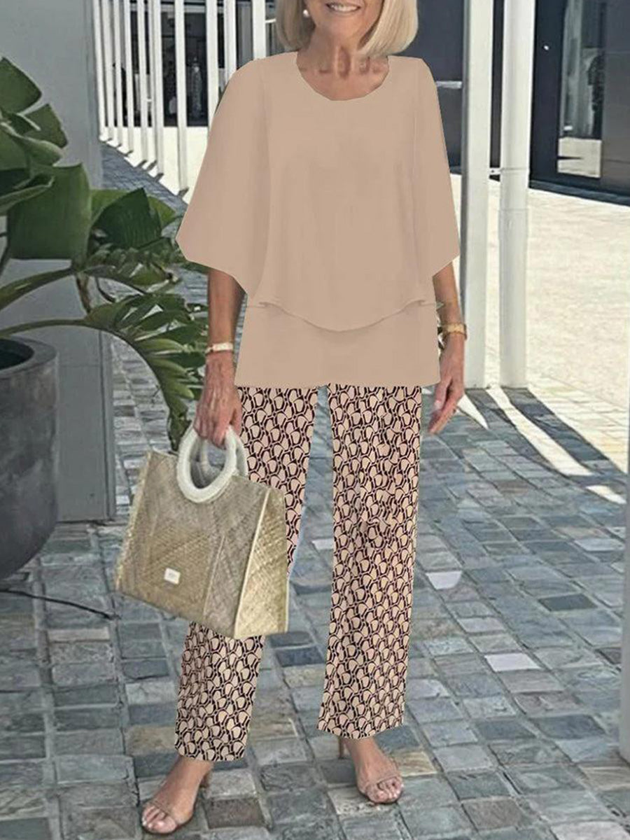 Ensemble deux pièces kaki élégant à col rond et manches 3/4