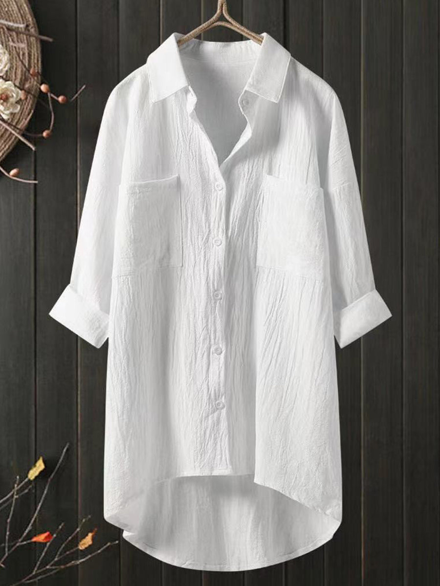 Haut ample à col en V en coton et lin uni