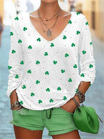 Langarm-T-Shirt mit Kleeblattmuster und V-Ausschnitt