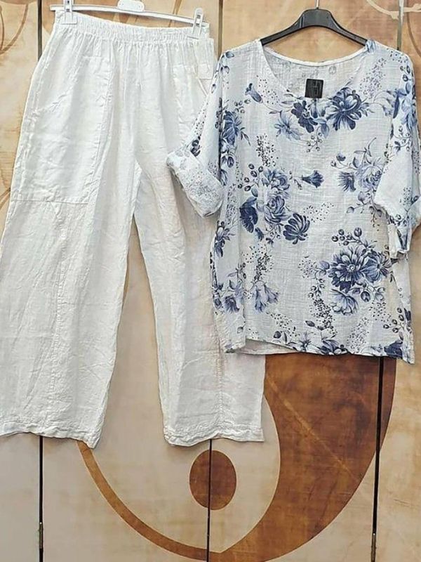 Ensembles de vêtements décontractés blancs à col rond et imprimé floral, manches courtes