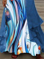 Robe longue deux pièces à manches longues et col en V pour femme, imprimée graphique