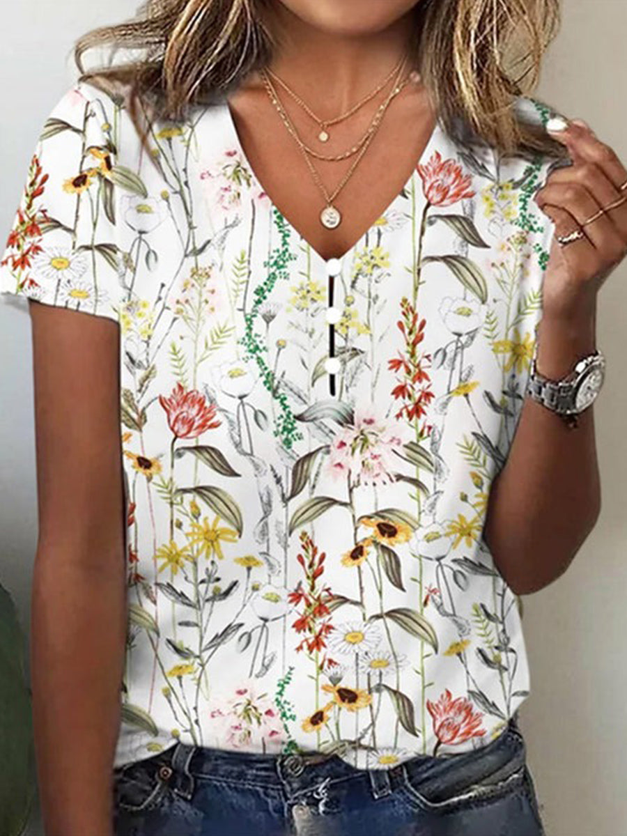 Lässige Bluse mit Blumenmuster und Knöpfen, V-Ausschnitt