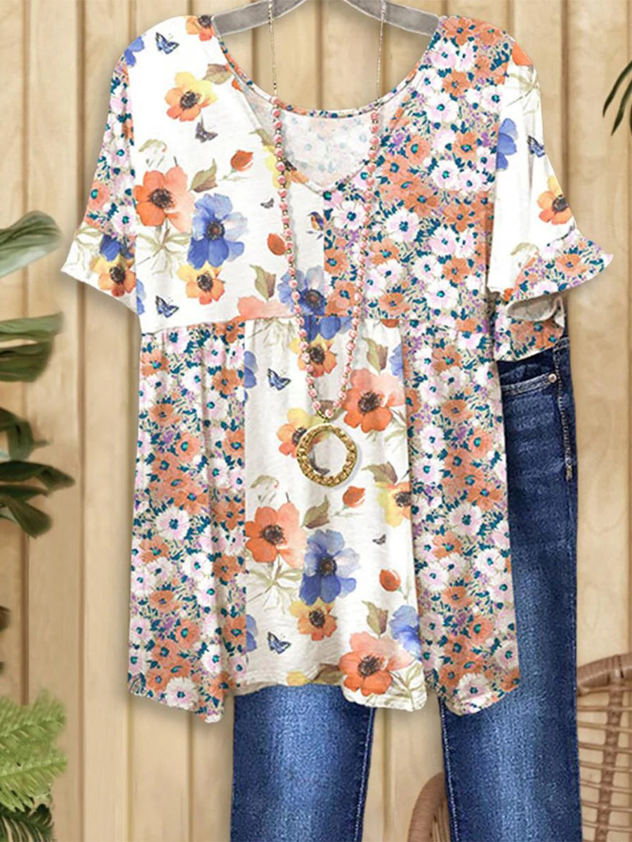 Floral Print V-neck Short Sleeve Top