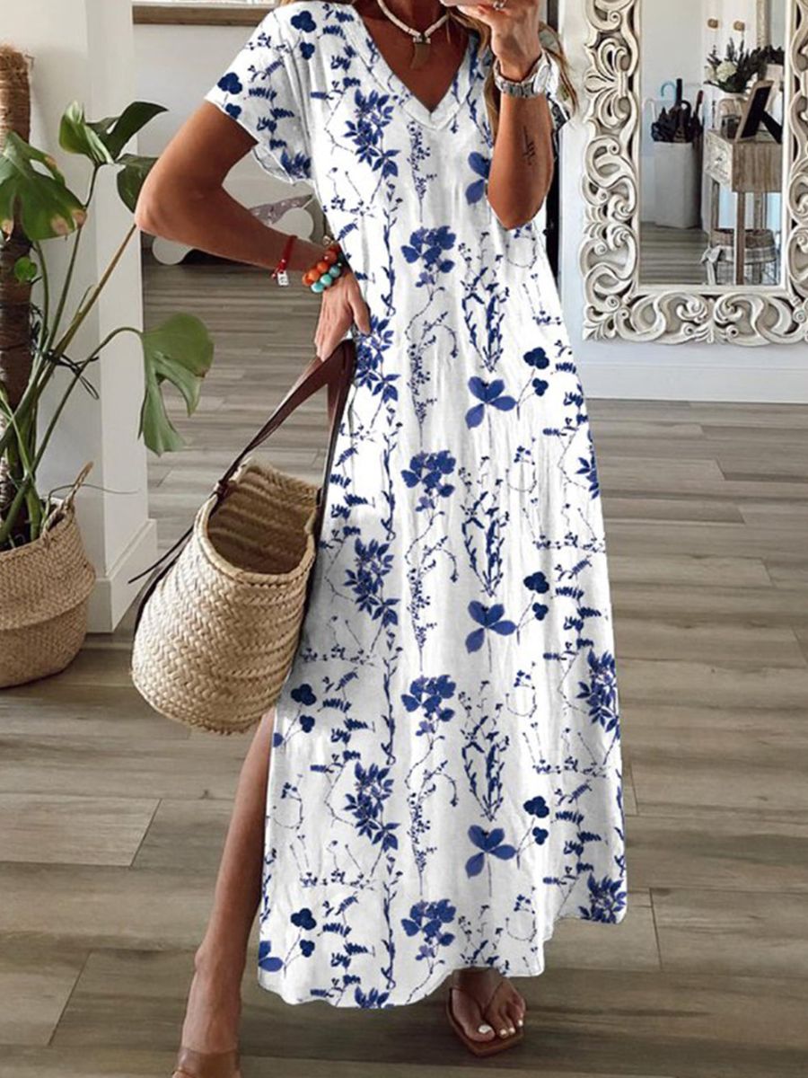 Robe blanche décontractée à col en V et imprimé floral, manches courtes