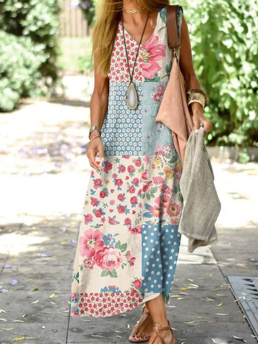 Robe de vacances bohème rétro à fleurs sans manches et col en V ample