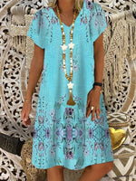 Lässiges, geblümtes Minikleid mit V-Ausschnitt und kurzen Ärmeln