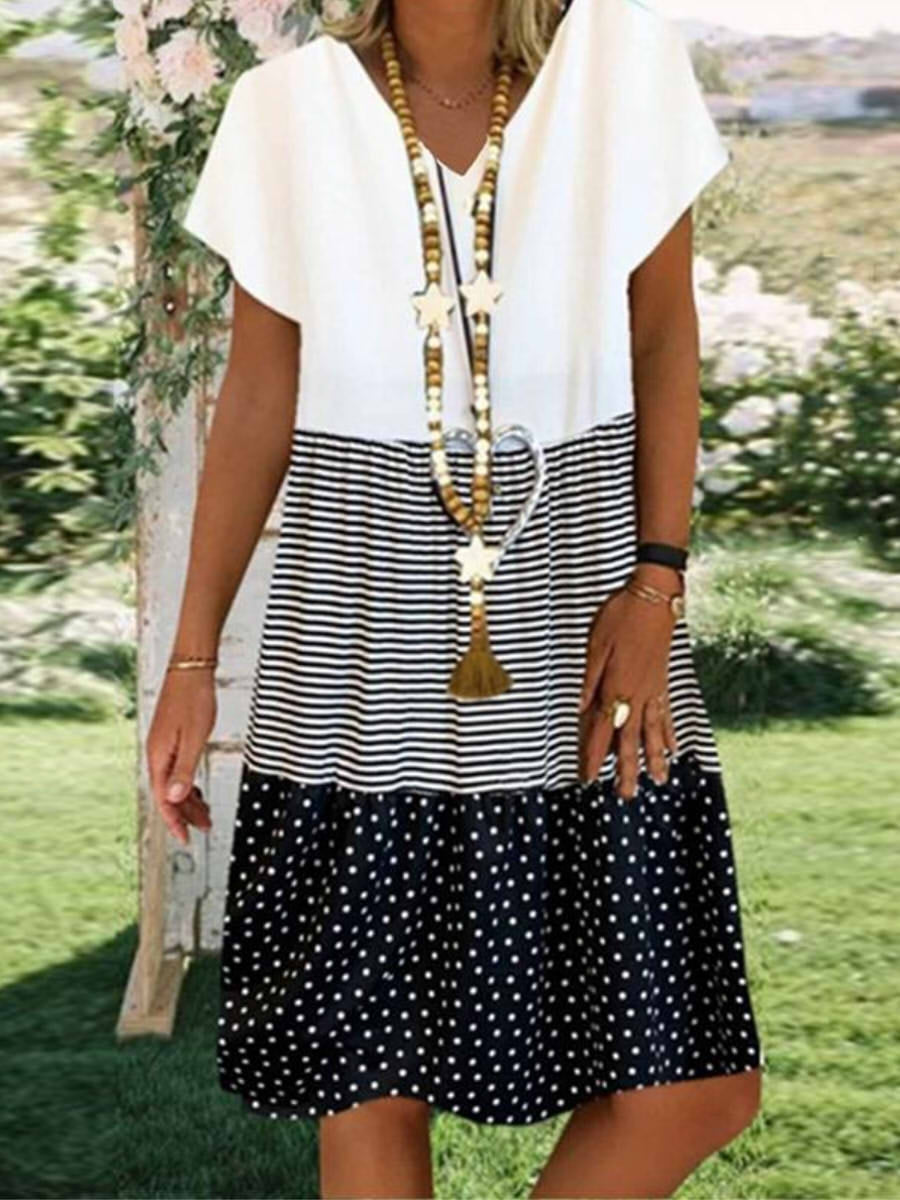 Robe courte décontractée à rayures et pois, col en V, manches courtes, longueur genou