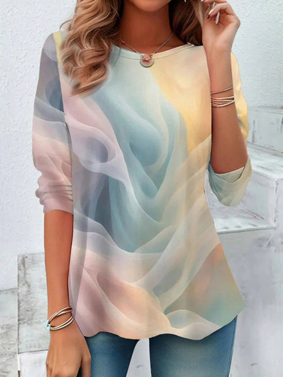 Lässiges Langarm-T-Shirt mit Farbverlauf, Rundhalsausschnitt