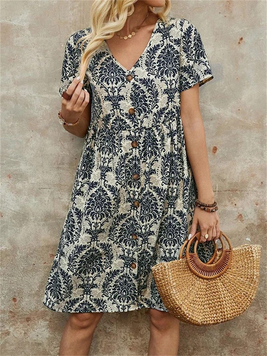 A-Linien-Minikleid mit hoher Taille, Knöpfen, Falten, Print, V-Ausschnitt und Schlitz