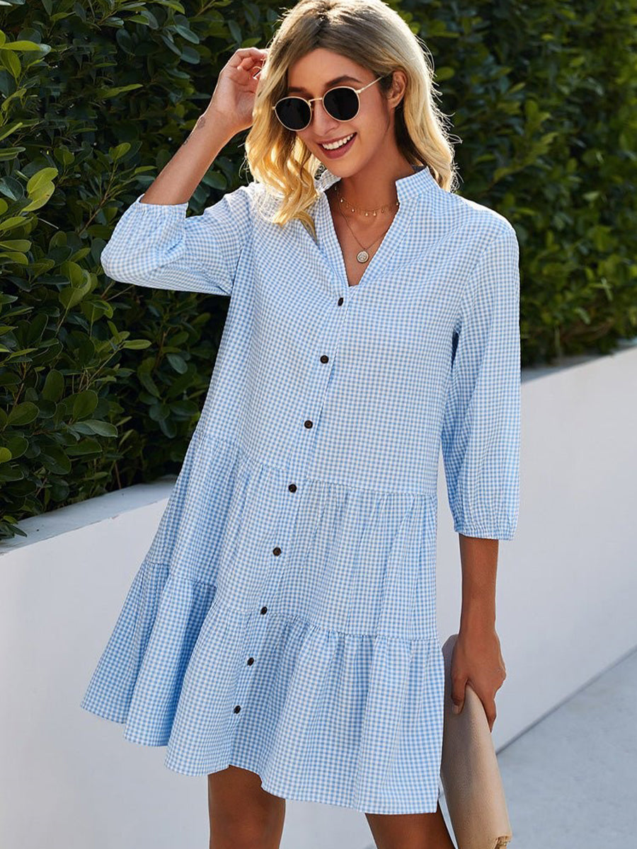 Lightweight V-neck 3/4 Sleeve Blue Summer Dress