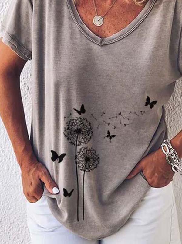 Kurzarm bedrucktes Freizeit-T-Shirt mit V-Ausschnitt