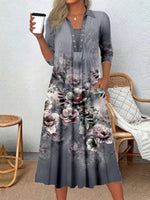 Robe midi à manches longues et col rond pour femme, imprimée de fleurs graphiques